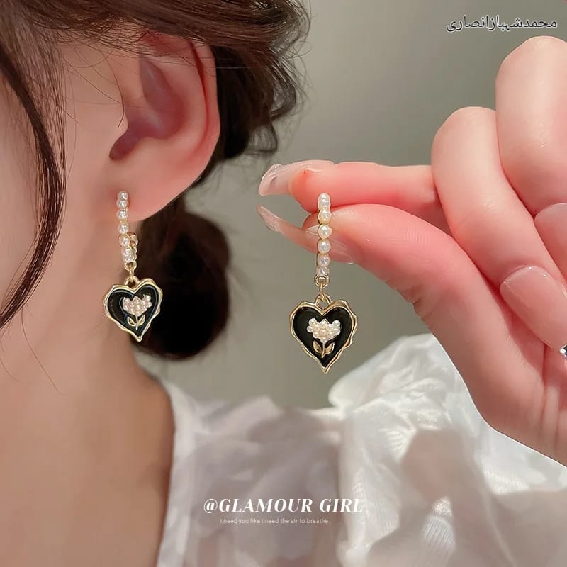 French Retro Love Flower Enamel Earrings for Women Cute Personality Pearl Drop Earrings Female Jewelry Party Wedding Gifts