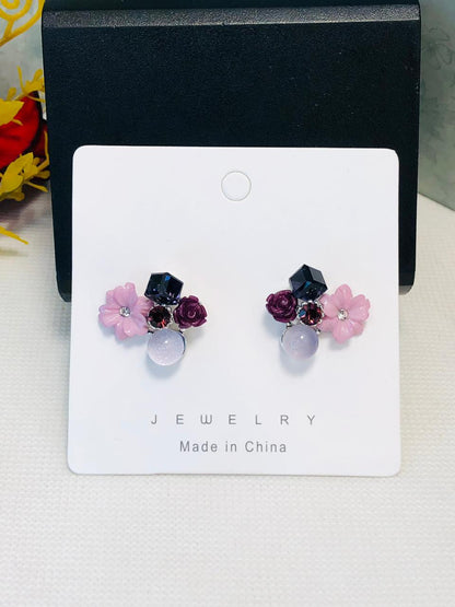 Purple Crystal Flower Stud Earrings for Woman Korean Fashion Jewelry Wedding Party Girl Elegance Set Accessories Fashion Jewelry