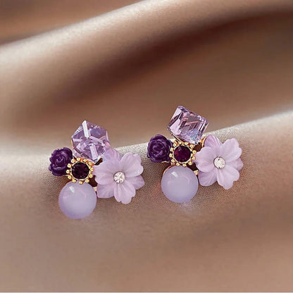 Purple Crystal Flower Stud Earrings for Woman Korean Fashion Jewelry Wedding Party Girl Elegance Set Accessories Fashion Jewelry