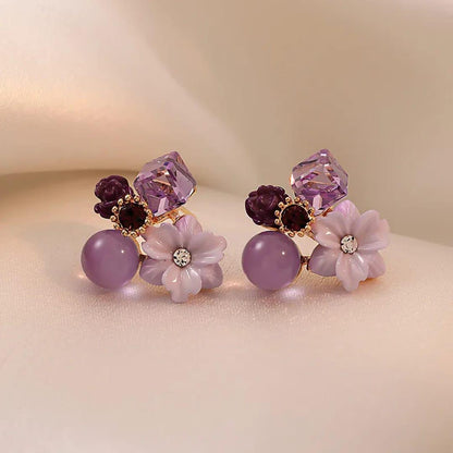 Purple Crystal Flower Stud Earrings for Woman Korean Fashion Jewelry Wedding Party Girl Elegance Set Accessories Fashion Jewelry