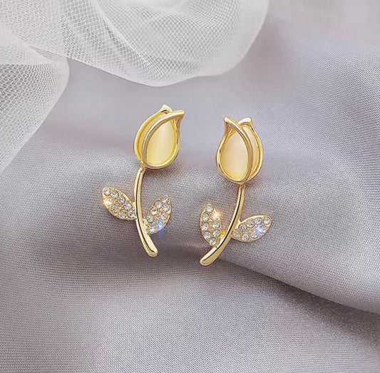 SC Fashion 14K Gold Plated Tulip Flower Earrings Women French Luxury Zircon Opal Tulips Stud Earrings for Girls